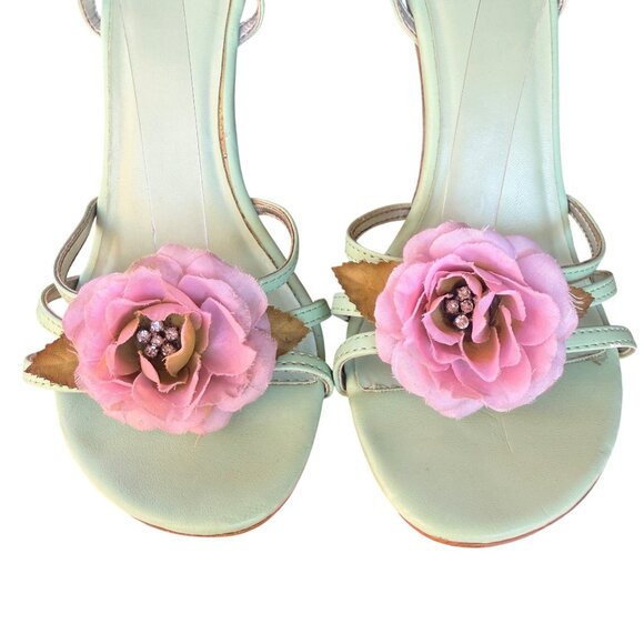 Qupid High Heel Sandals Womens 10 Mint Faux Leather Floral Open Toe - Picture 2 of 12